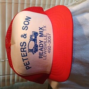 Vtg Trucker Hat Peter's & Son Ready Mix Lewisville TX Snap Back Mesh Red & White